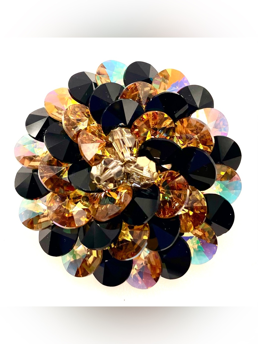Vintage Vendome Black Champagne AB Rivoli Crystal Flower Brooch Signed Gold Tone